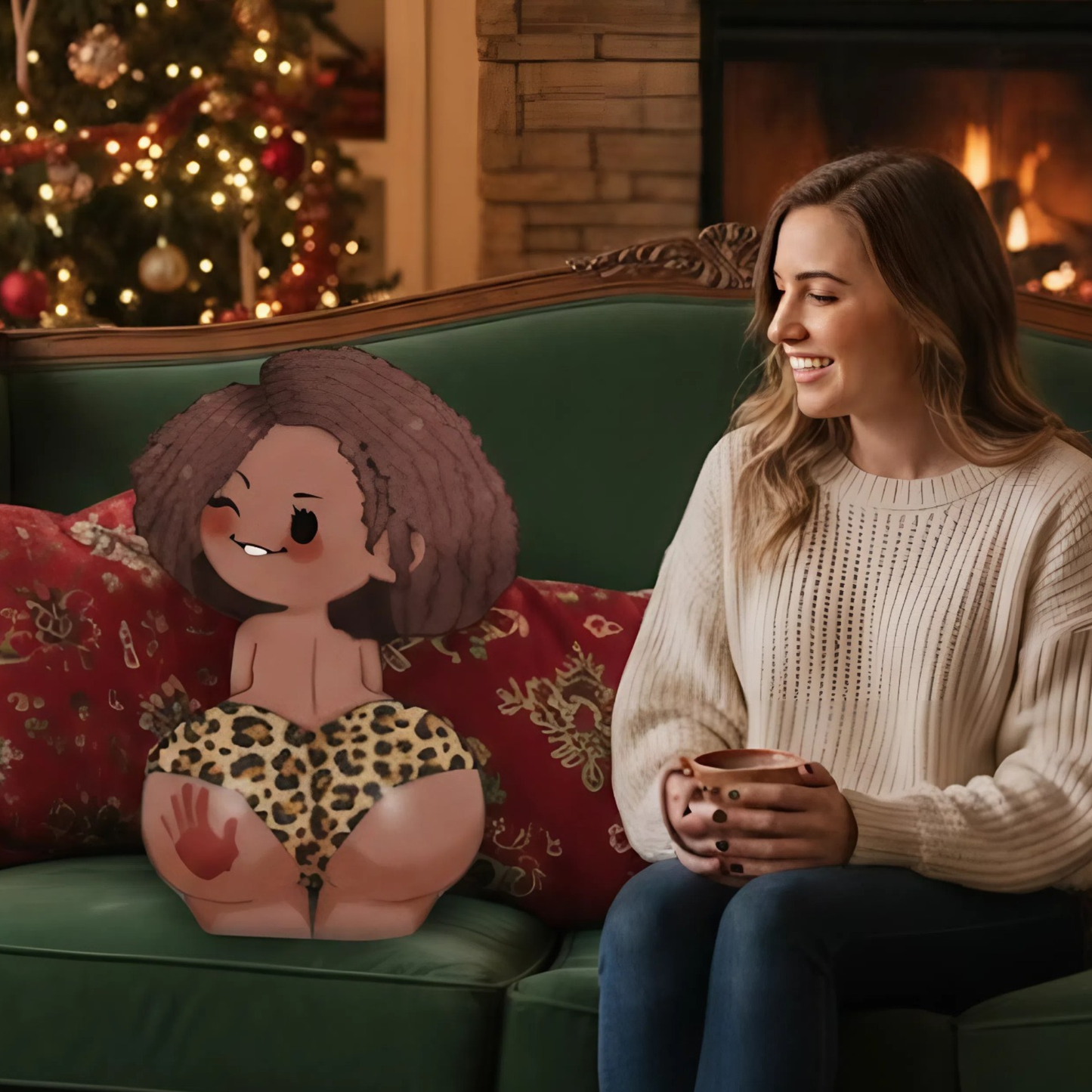 Coussin personnalisé en forme de couple avec illustrations chibi amusantes