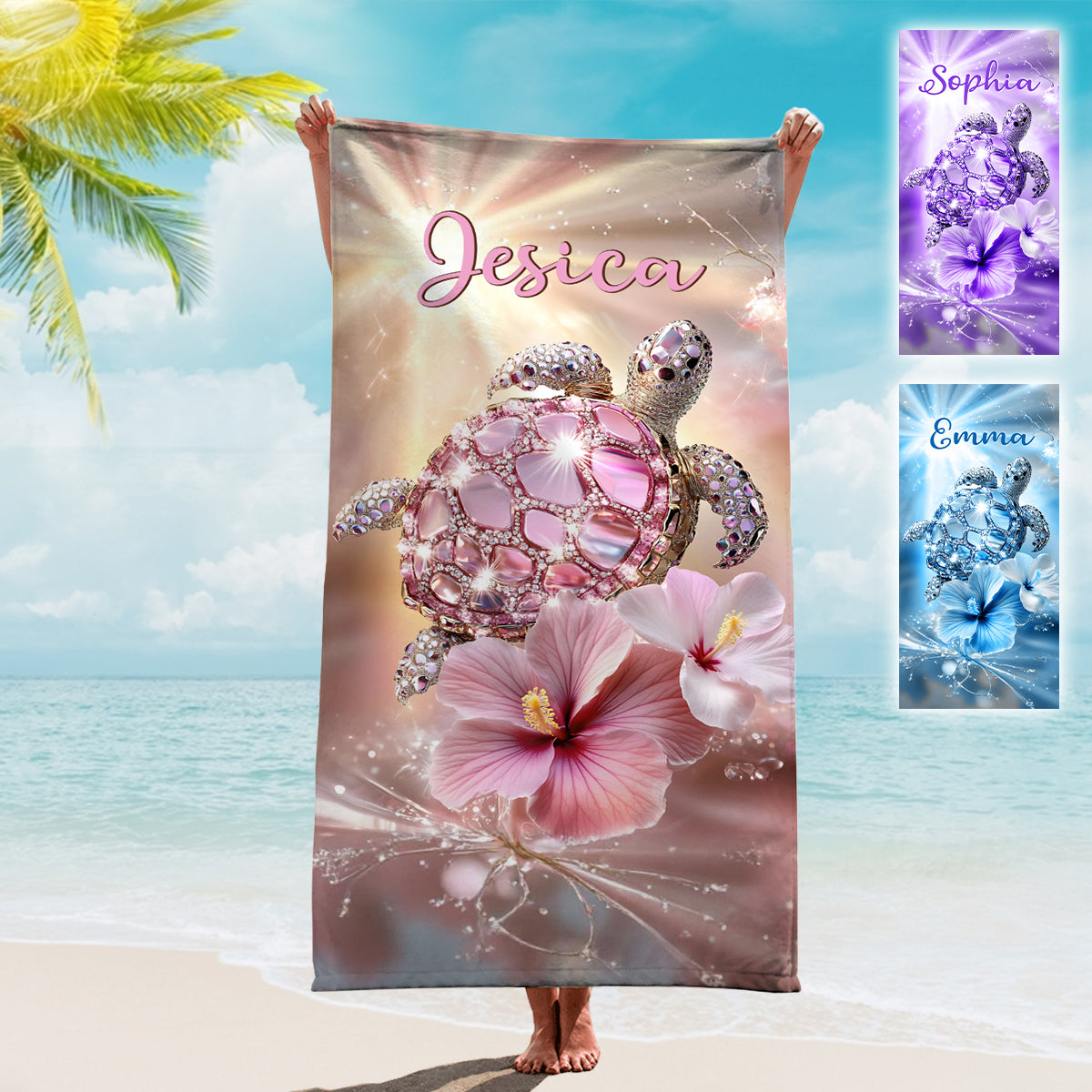 Sentez la mer, sentez la brise - Serviette de plage/de bain personnalisée à séchage rapide avec motif tortue