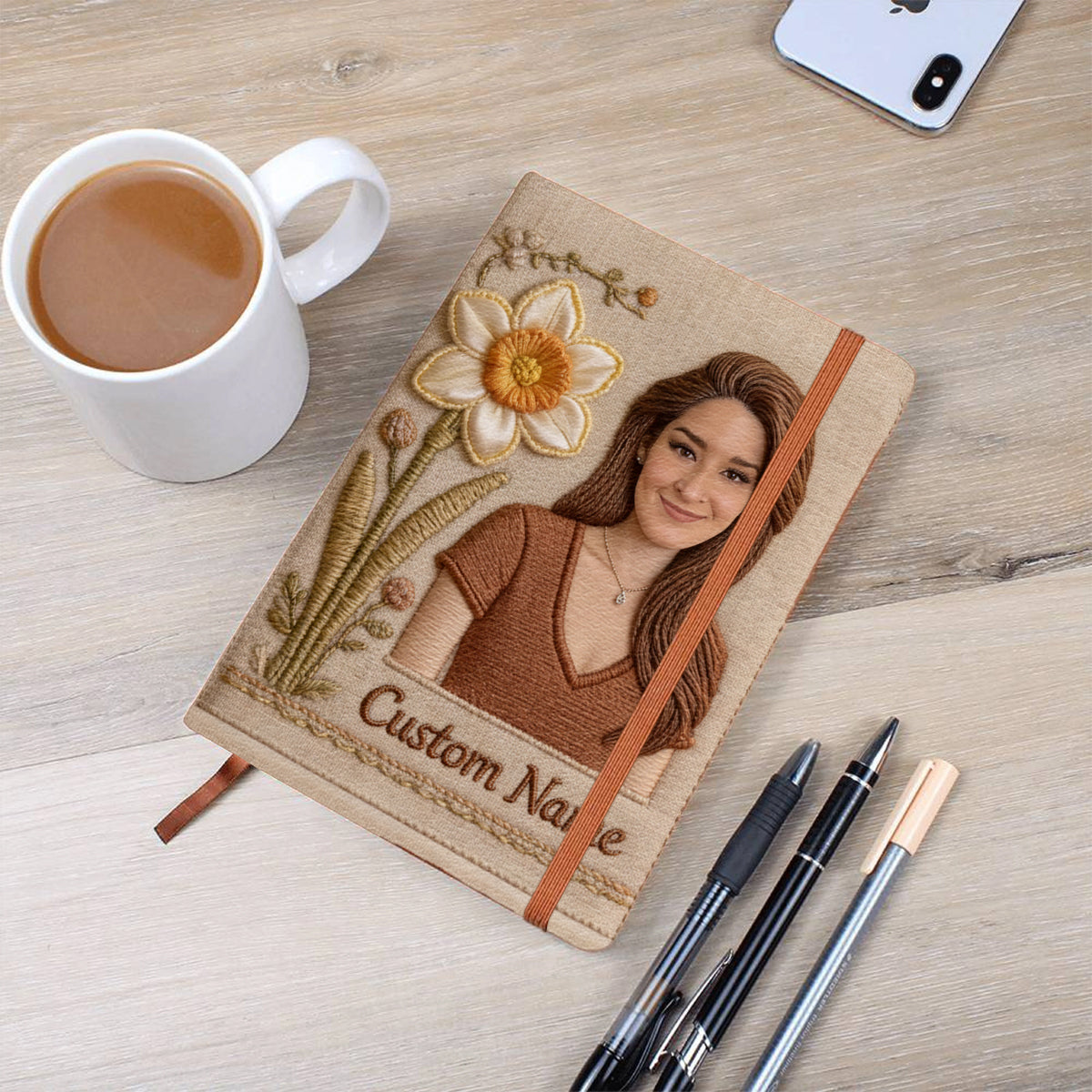 Journal en cuir personnalisé avec fleur de naissance et prénom - Carnet de notes sur l'amour de soi