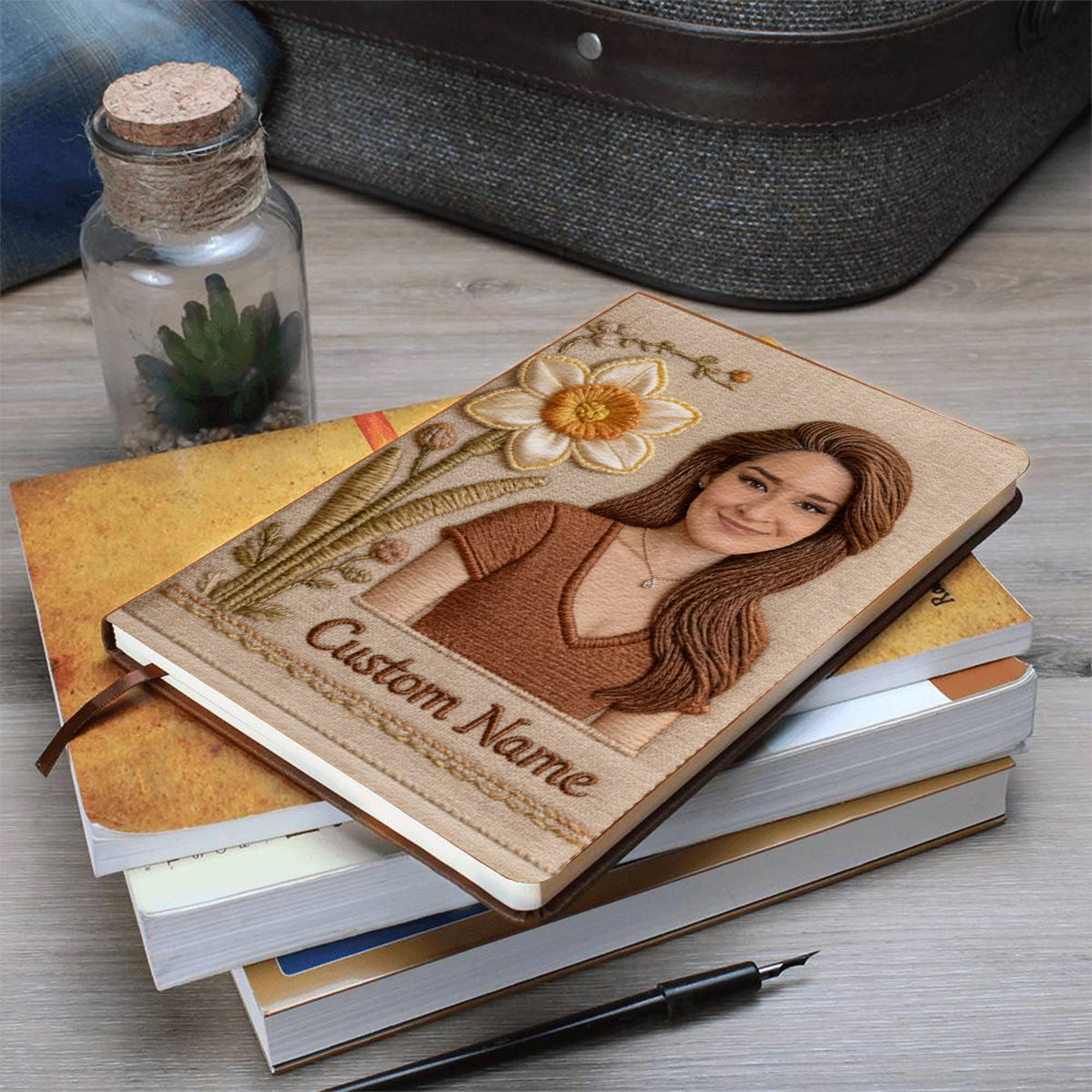 Journal en cuir personnalisé avec fleur de naissance et prénom - Carnet de notes sur l'amour de soi