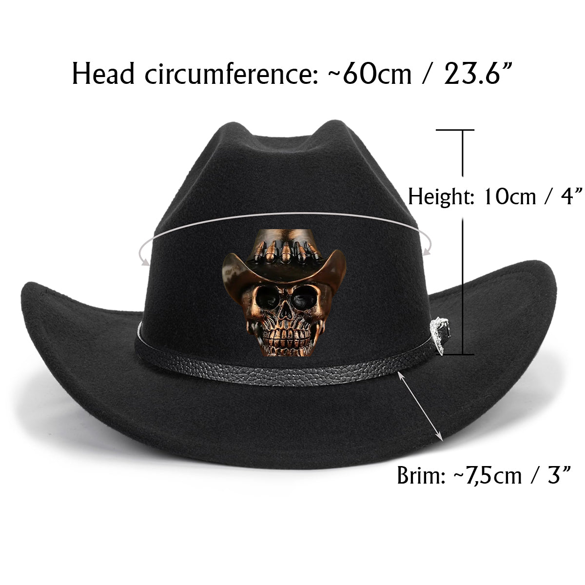 Tête de squelette humain, style cowboy - Chapeau de cowboy à large bord personnalisé pour tenue western