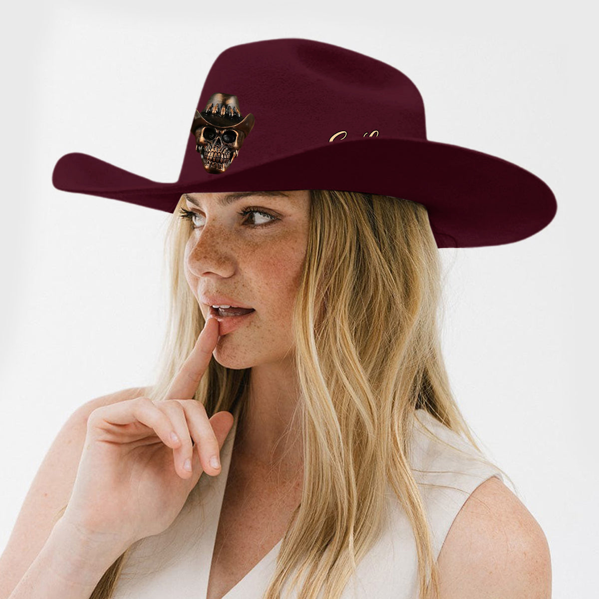 Tête de squelette humain, style cowboy - Chapeau de cowboy à large bord personnalisé pour tenue western