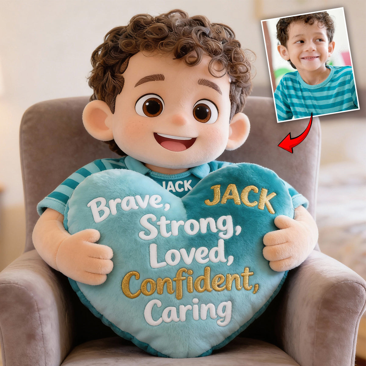 Courageux, Fort, Aimé - Cadeau d'affirmations - Coussin personnalisé en fausse fourrure pour enfant
