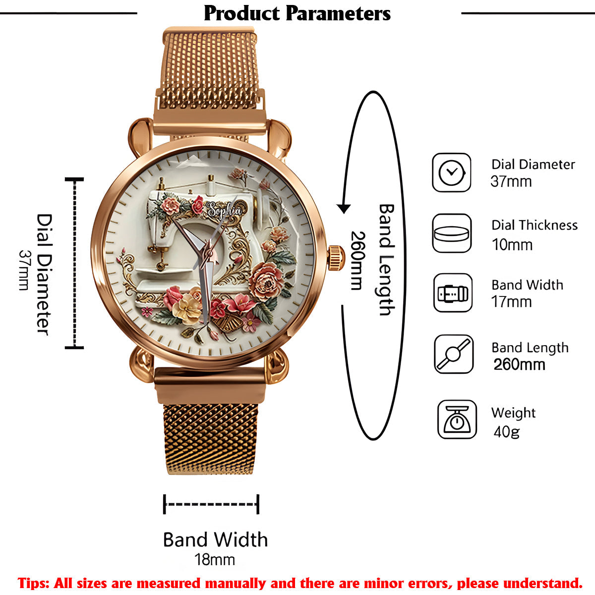 Magnifique machine à coudre - Montre à main personnalisée pour couturière 