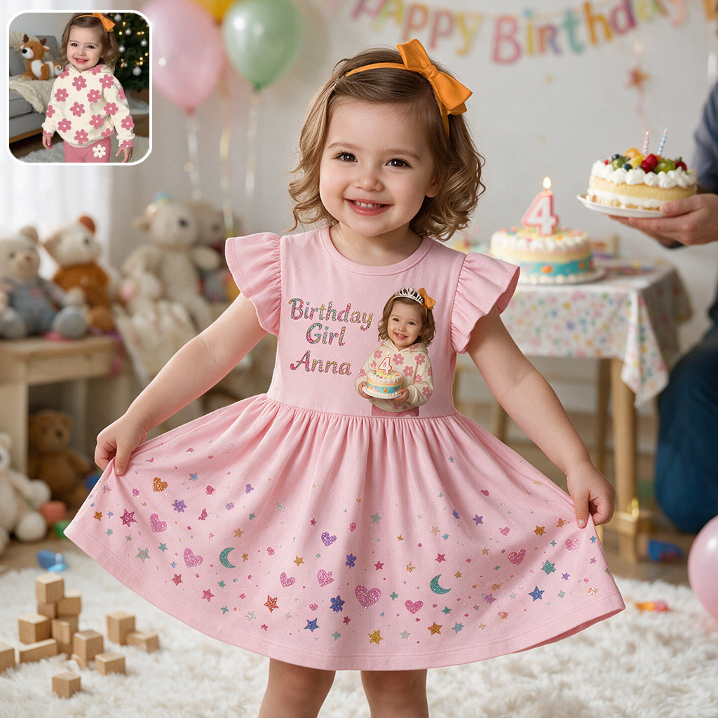 Birthday Girl Dress, Custom From Any Photo - Personalized Birthday Kid Ruffle Sleeve Dress