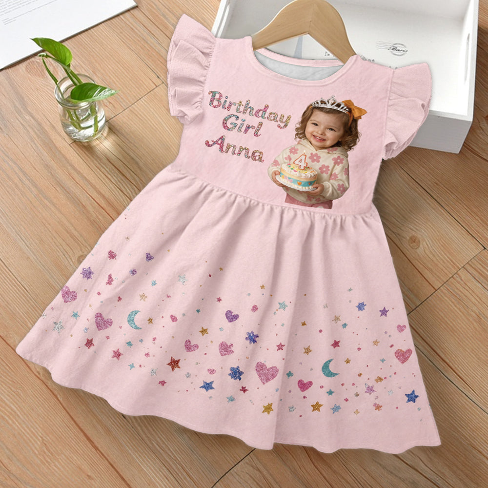Birthday Girl Dress, Custom From Any Photo - Personalized Birthday Kid Ruffle Sleeve Dress