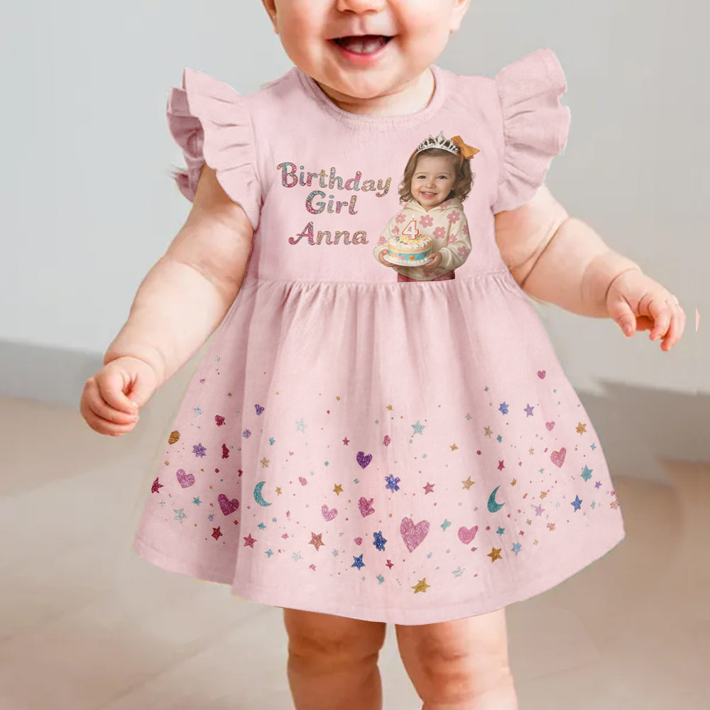 Birthday Girl Dress, Custom From Any Photo - Personalized Birthday Kid Ruffle Sleeve Dress