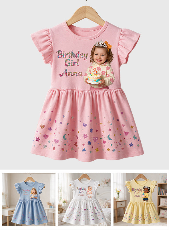 Birthday Girl Dress, Custom From Any Photo - Personalized Birthday Kid Ruffle Sleeve Dress