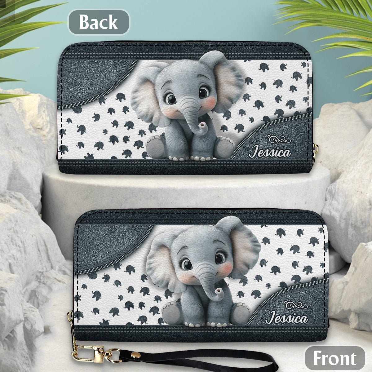 Cute Baby Elephant - Personalized Elephant Leather Long Wallet