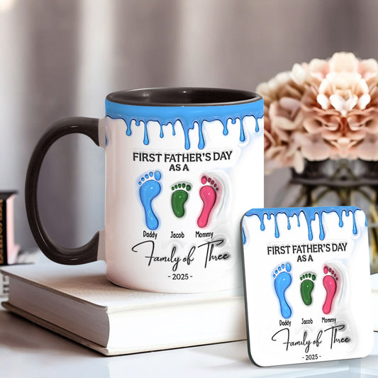 Mug Footprint First Fête des Pères 2025 Famille de trois personnes - Mug personnalisé pour papa