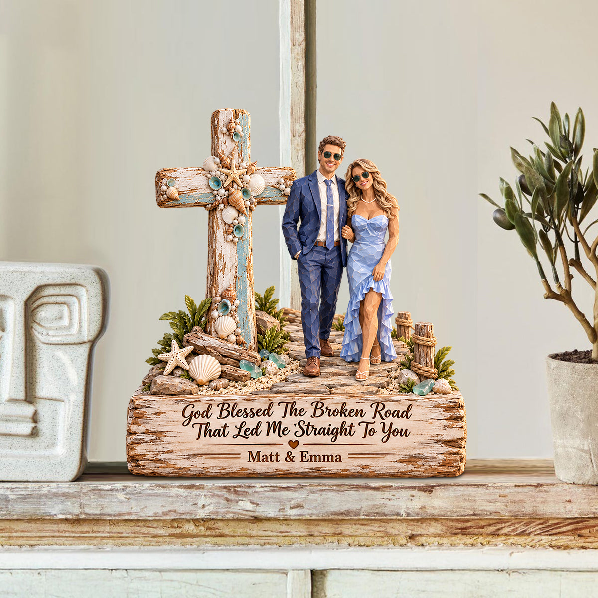 God Blessed The Broken Road That Led Me Straight To You - Personalized Couple Custom Shaped Wood Plaque