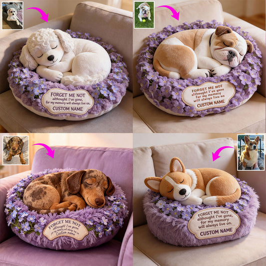 Coussin commémoratif « Ne m’oubliez pas » en forme de chien, en fausse fourrure, pour un animal de compagnie bien-aimé.