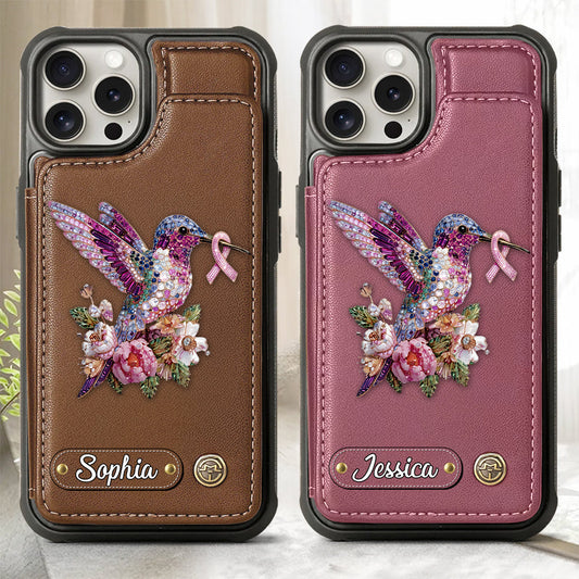Étui portefeuille personnalisé pour téléphone portable, symbole de sensibilisation au cancer du sein, avec colibri.