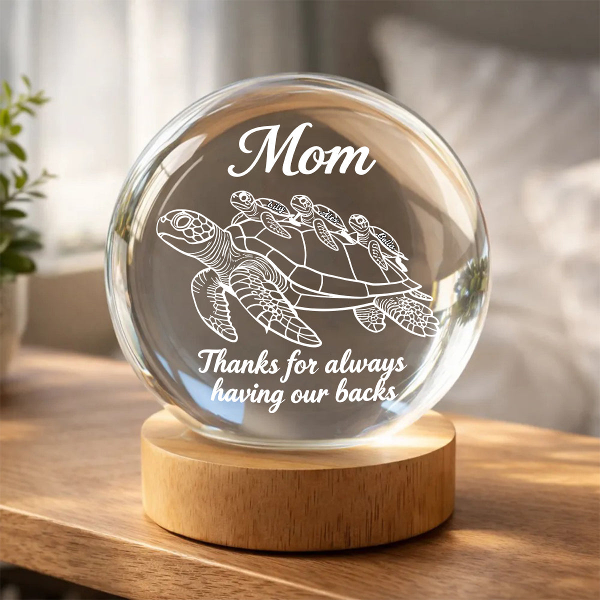 Merci d'être toujours là pour nous - Veilleuse boule de cristal personnalisée en forme de tortue