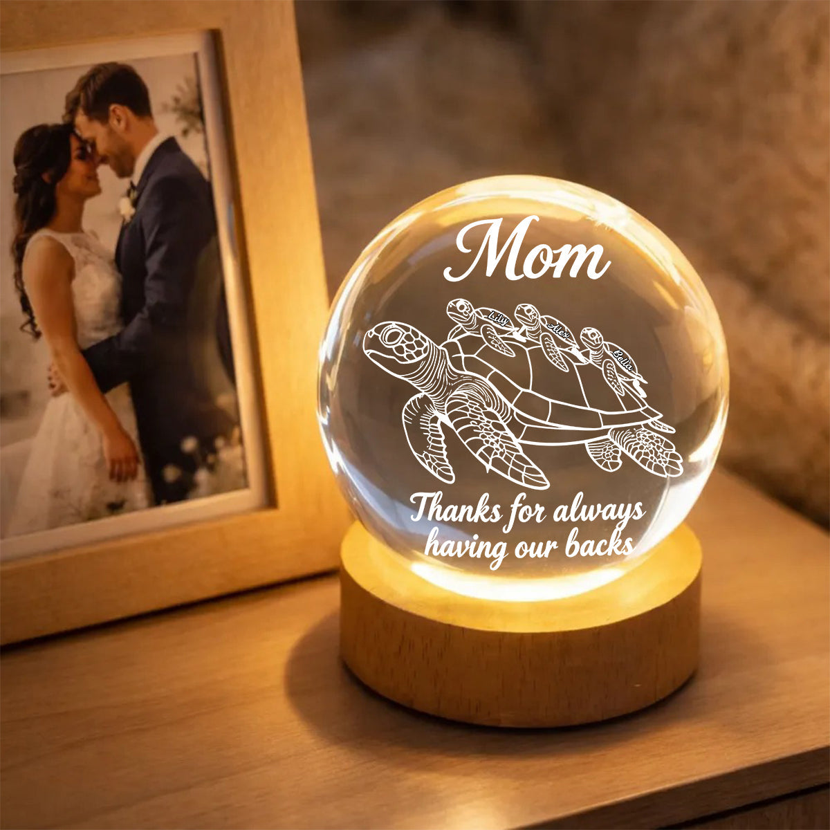 Merci d'être toujours là pour nous - Veilleuse boule de cristal personnalisée en forme de tortue