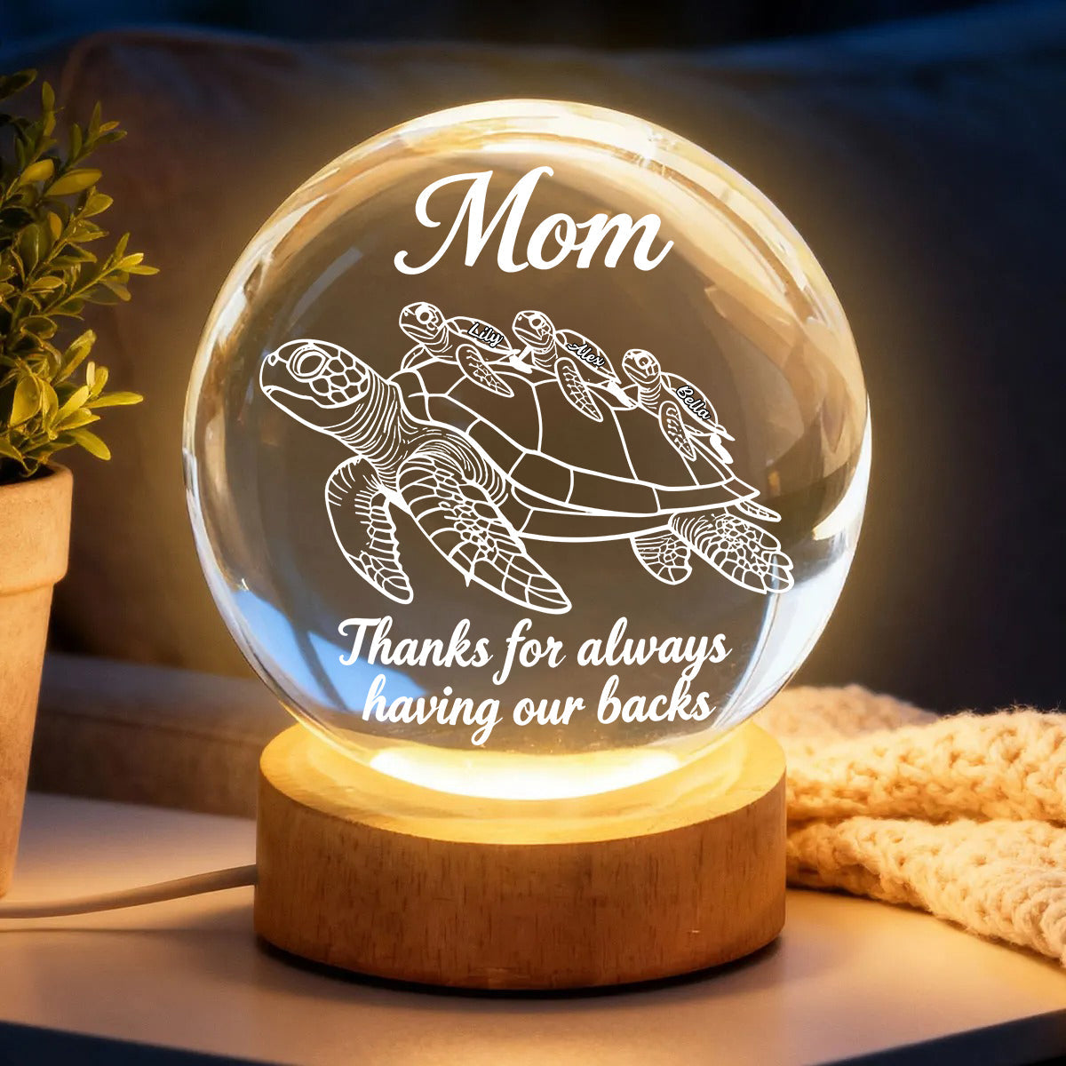Merci d'être toujours là pour nous - Veilleuse boule de cristal personnalisée en forme de tortue