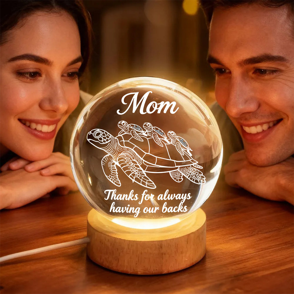 Merci d'être toujours là pour nous - Veilleuse boule de cristal personnalisée en forme de tortue