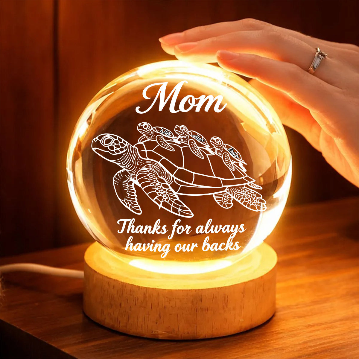 Merci d'être toujours là pour nous - Veilleuse boule de cristal personnalisée en forme de tortue
