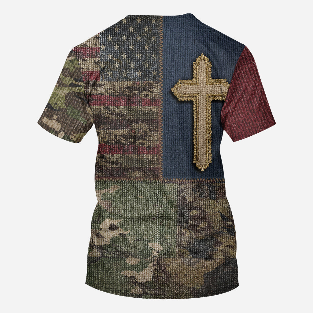 Sweat à capuche imprimé intégral drapeau américain et croix - T-shirt chrétien personnalisé