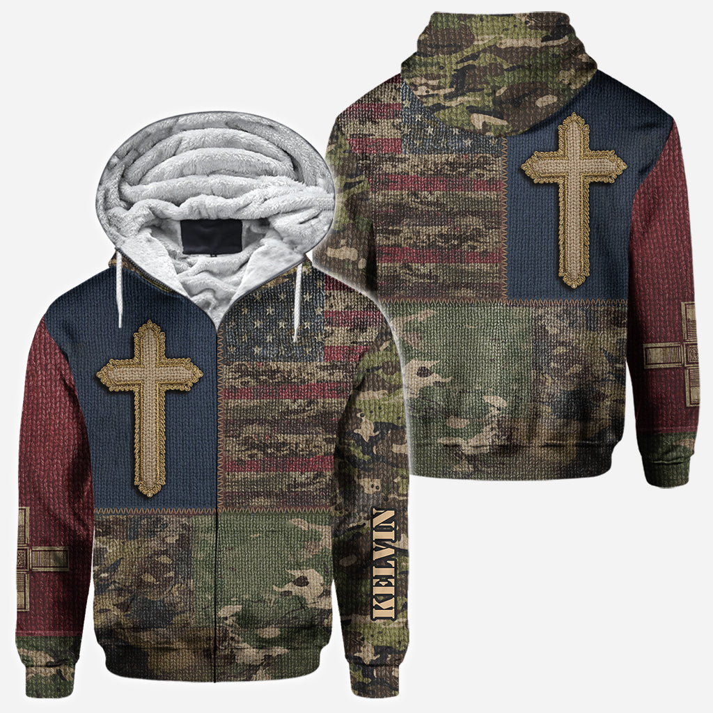 Sweat à capuche imprimé intégral drapeau américain et croix - T-shirt chrétien personnalisé