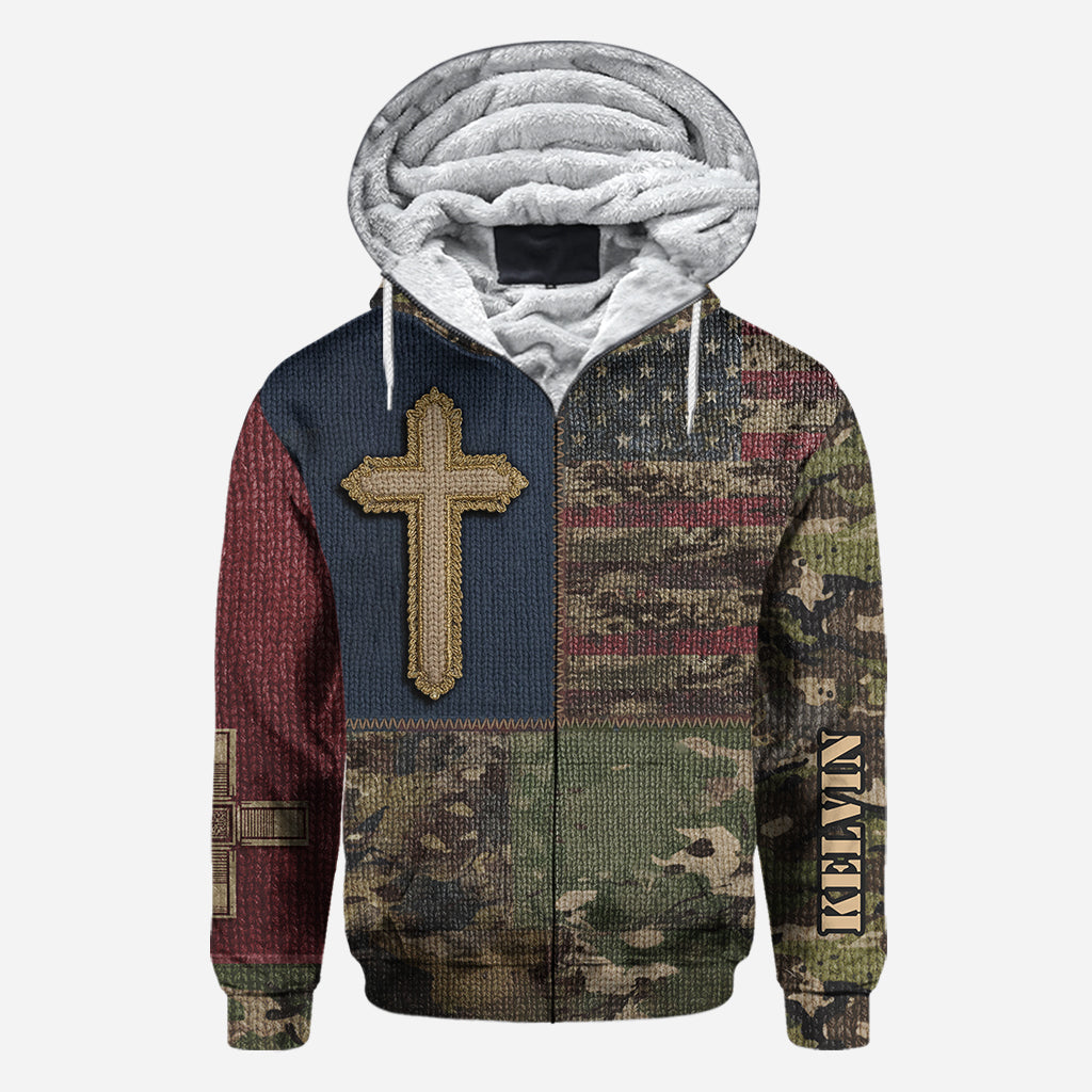 Sweat à capuche imprimé intégral drapeau américain et croix - T-shirt chrétien personnalisé