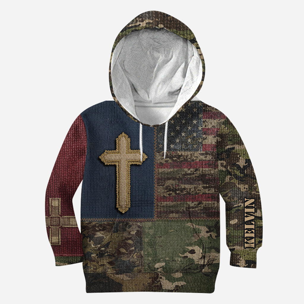 Sweat à capuche imprimé intégral drapeau américain et croix - T-shirt chrétien personnalisé