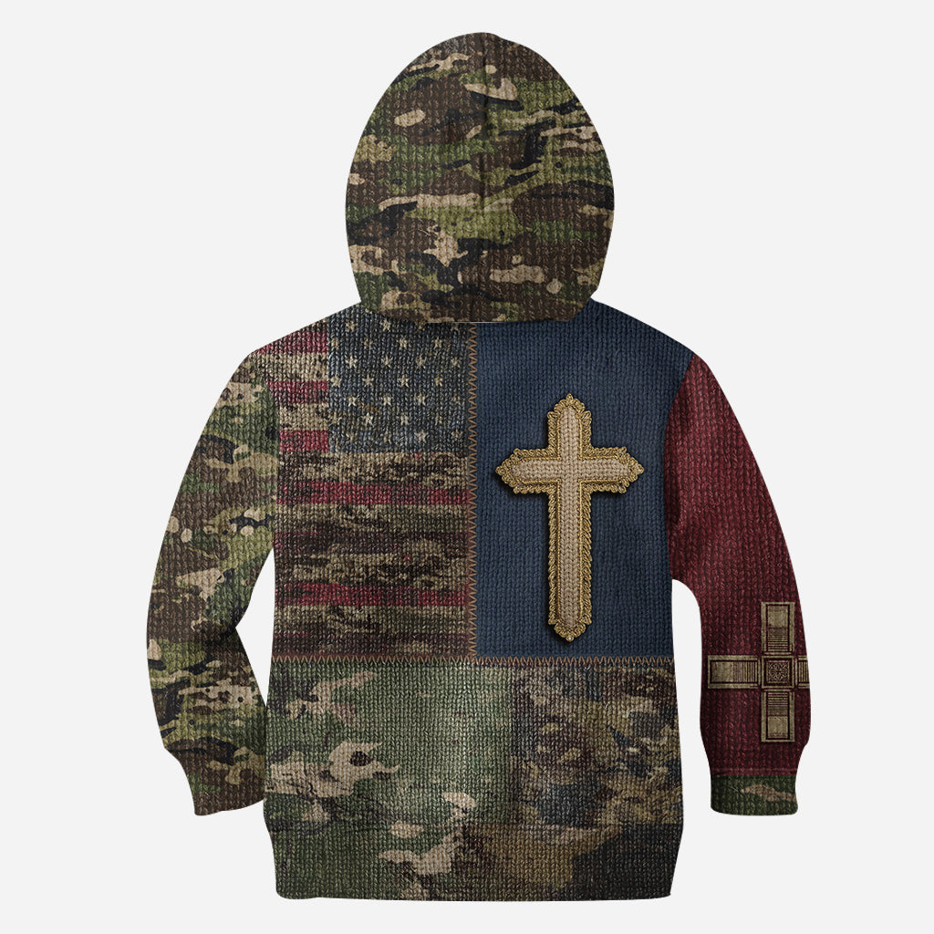 Sweat à capuche imprimé intégral drapeau américain et croix - T-shirt chrétien personnalisé