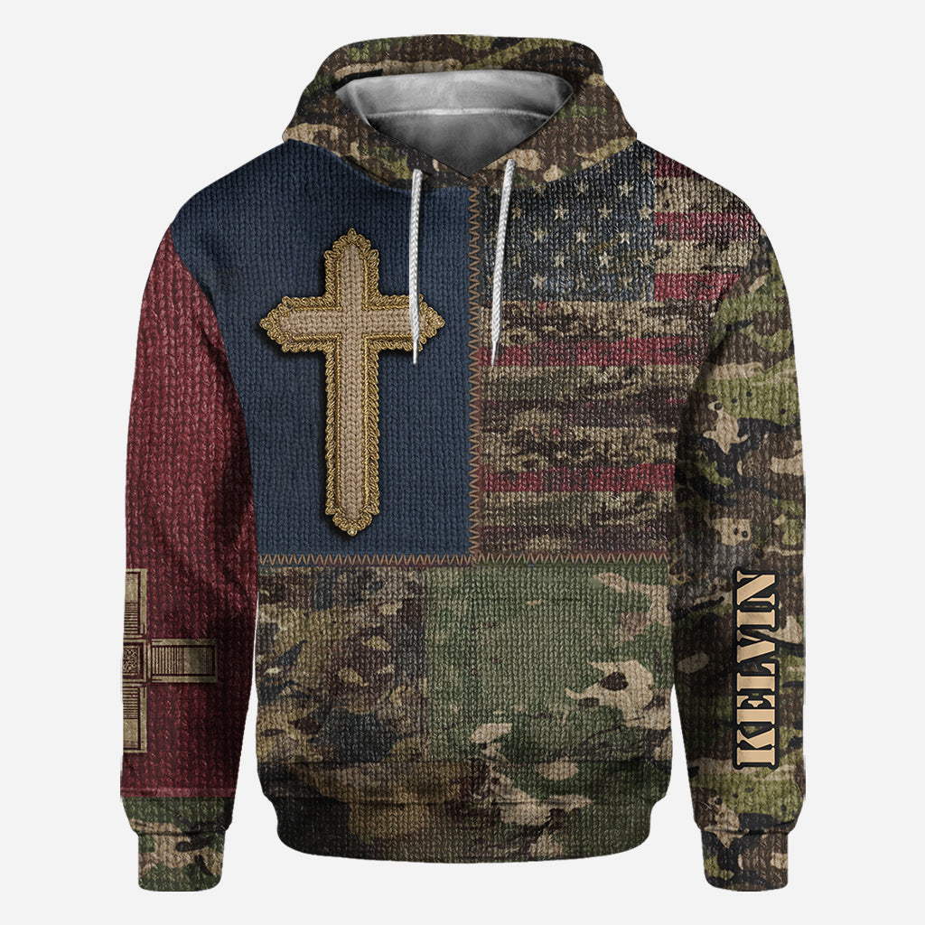 Sweat à capuche imprimé intégral drapeau américain et croix - T-shirt chrétien personnalisé