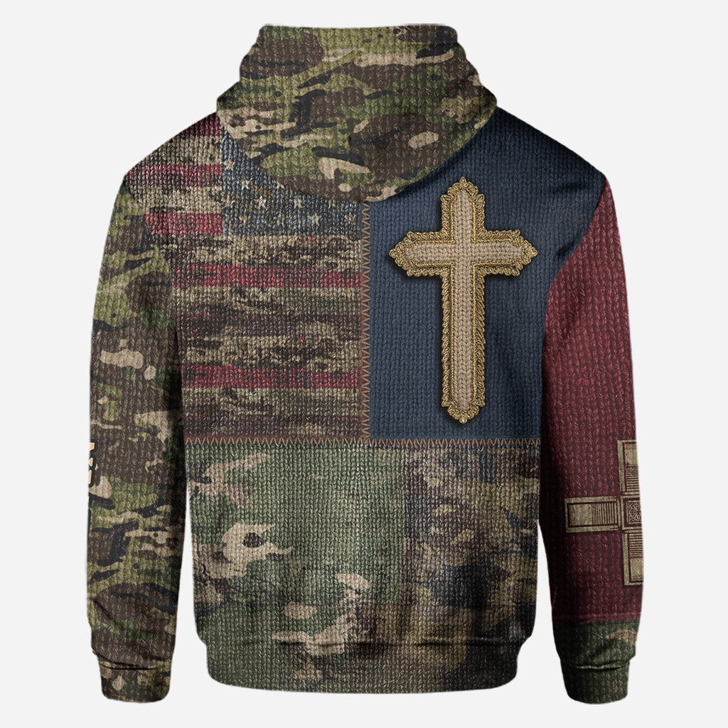 Sweat à capuche imprimé intégral drapeau américain et croix - T-shirt chrétien personnalisé