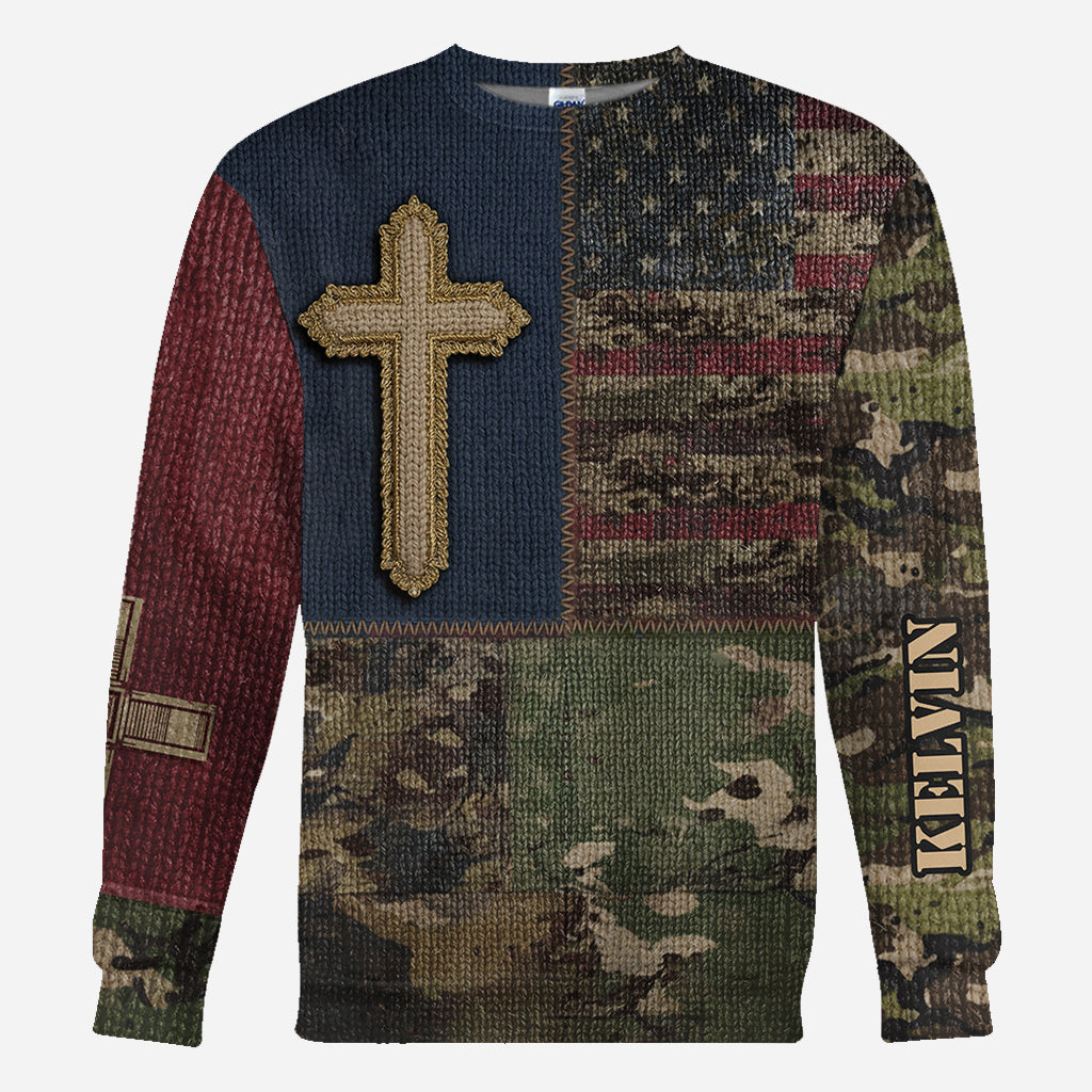 Sweat à capuche imprimé intégral drapeau américain et croix - T-shirt chrétien personnalisé