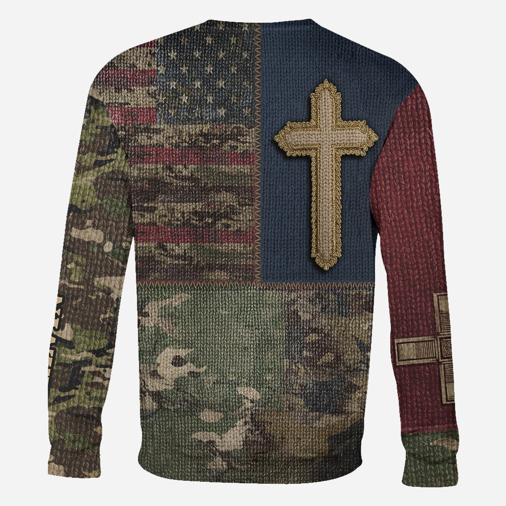 Sweat à capuche imprimé intégral drapeau américain et croix - T-shirt chrétien personnalisé