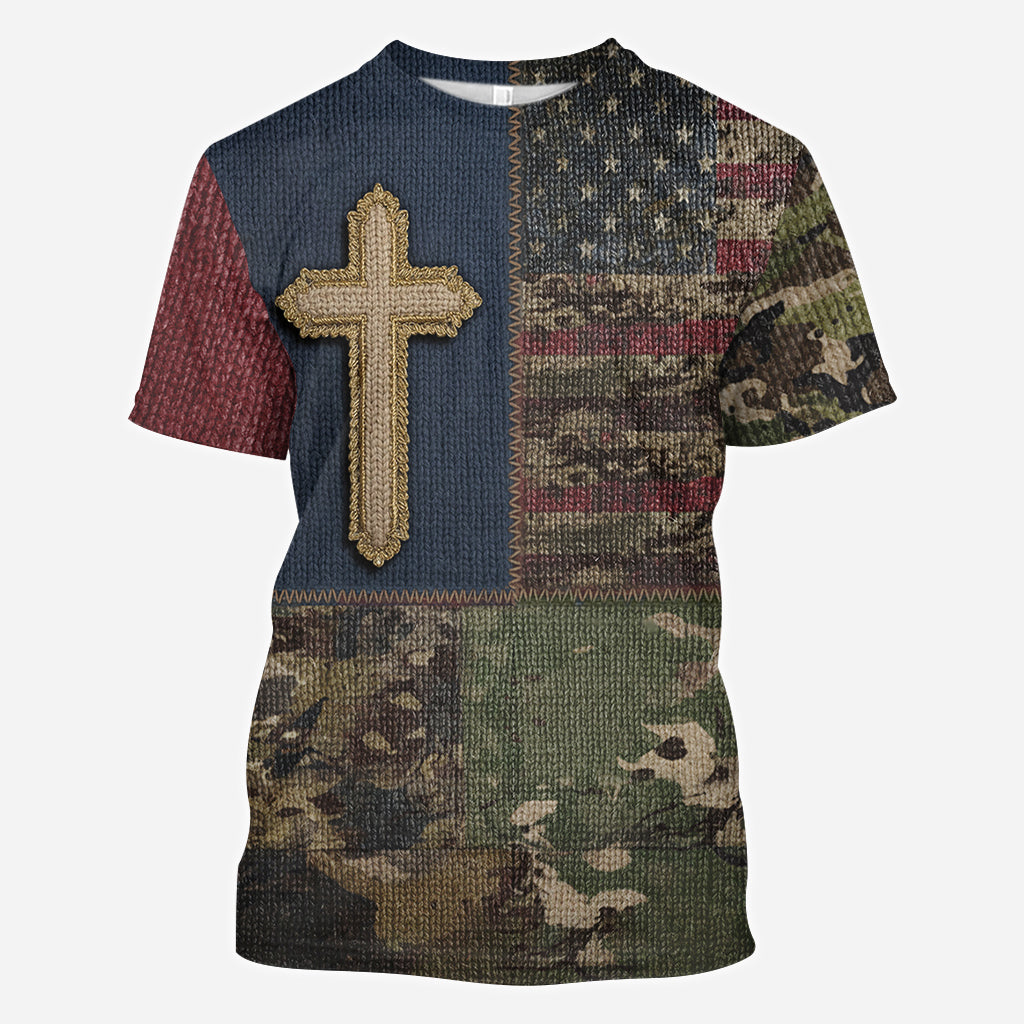 Sweat à capuche imprimé intégral drapeau américain et croix - T-shirt chrétien personnalisé