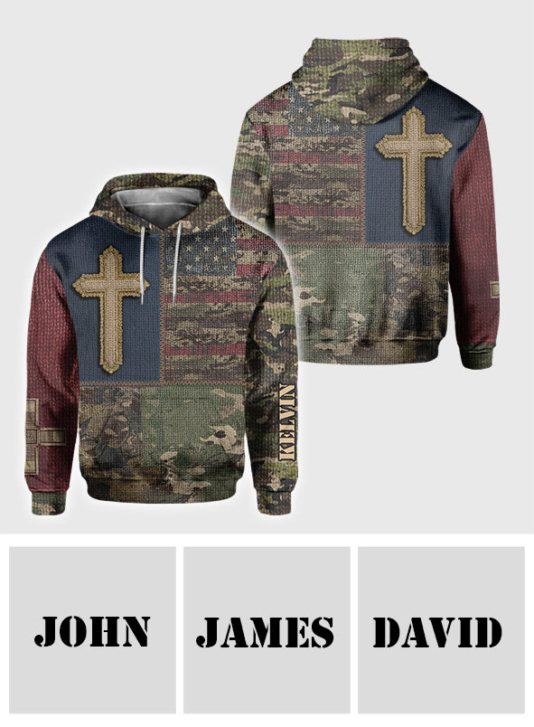 Sweat à capuche imprimé intégral drapeau américain et croix - T-shirt chrétien personnalisé