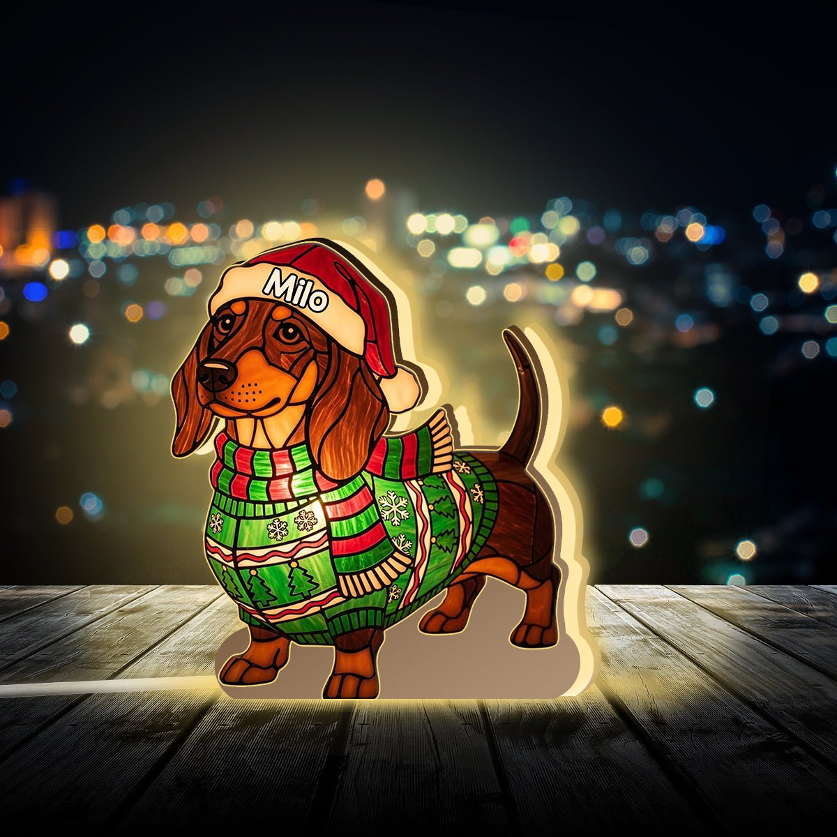 Veilleuse LED personnalisée en acrylique « Joyeux Noël, chiens » - motif teckel