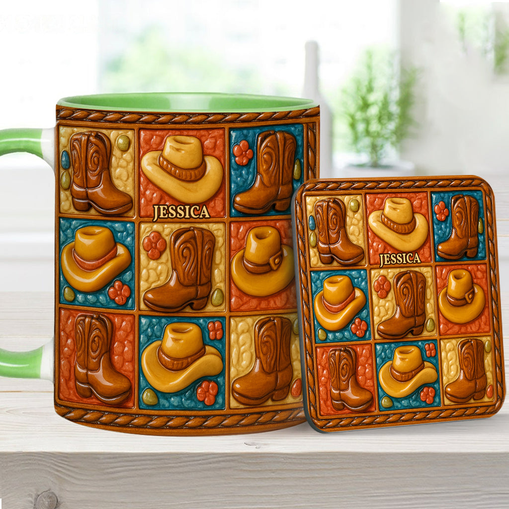 Mug et sous-verre personnalisés à motif bottes de cowgirl, style western