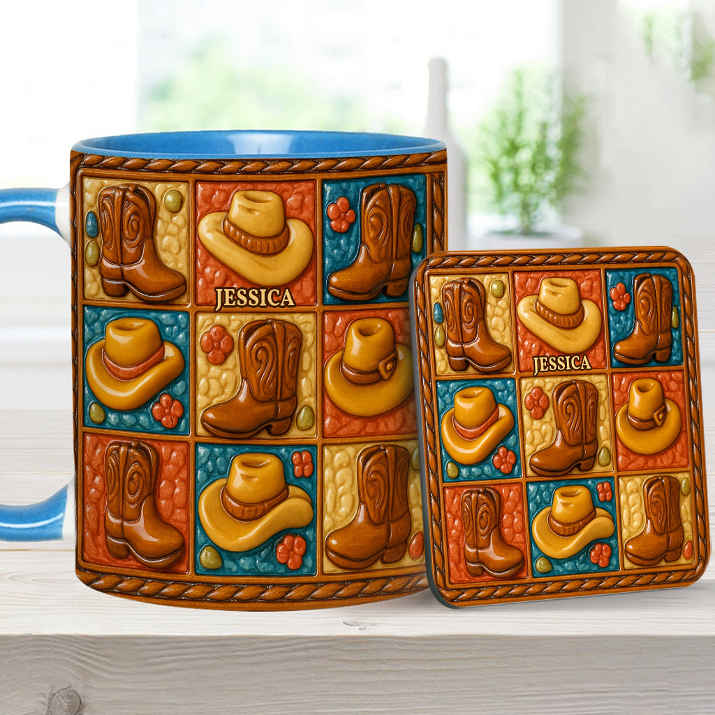 Mug et sous-verre personnalisés à motif bottes de cowgirl, style western