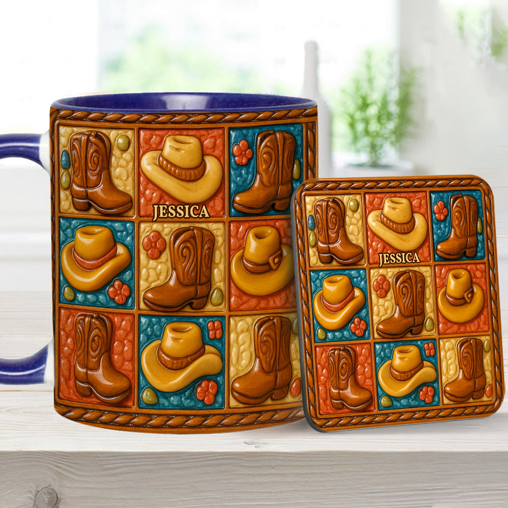 Mug et sous-verre personnalisés à motif bottes de cowgirl, style western