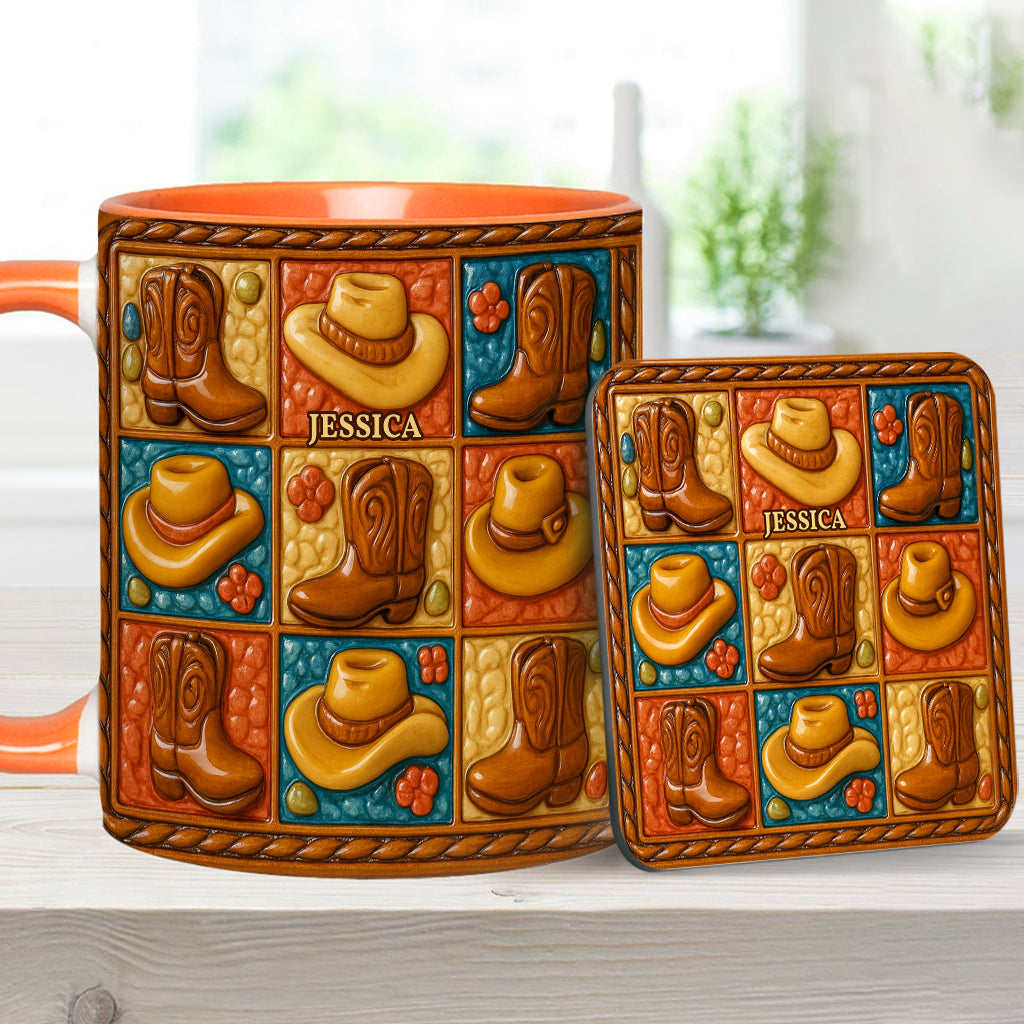 Mug et sous-verre personnalisés à motif bottes de cowgirl, style western