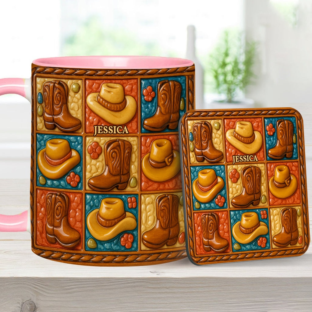 Mug et sous-verre personnalisés à motif bottes de cowgirl, style western