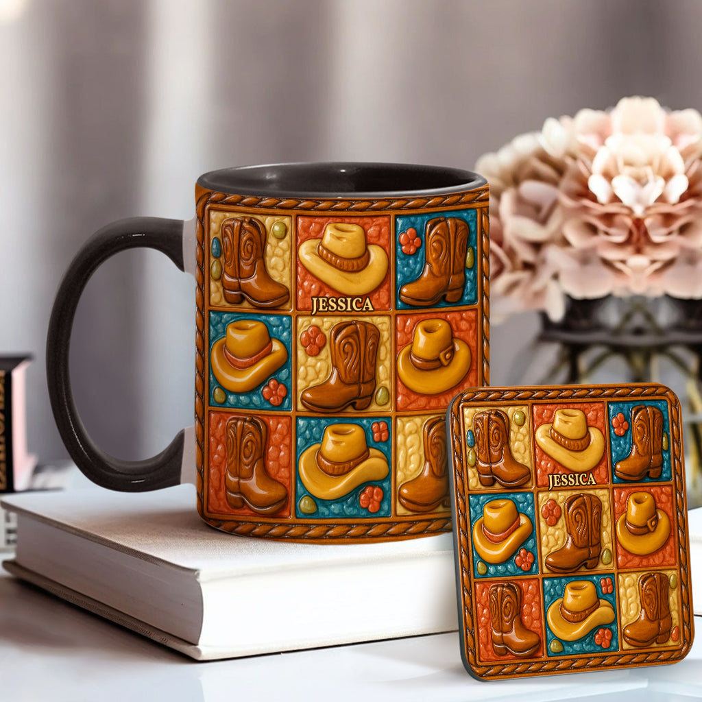 Mug et sous-verre personnalisés à motif bottes de cowgirl, style western