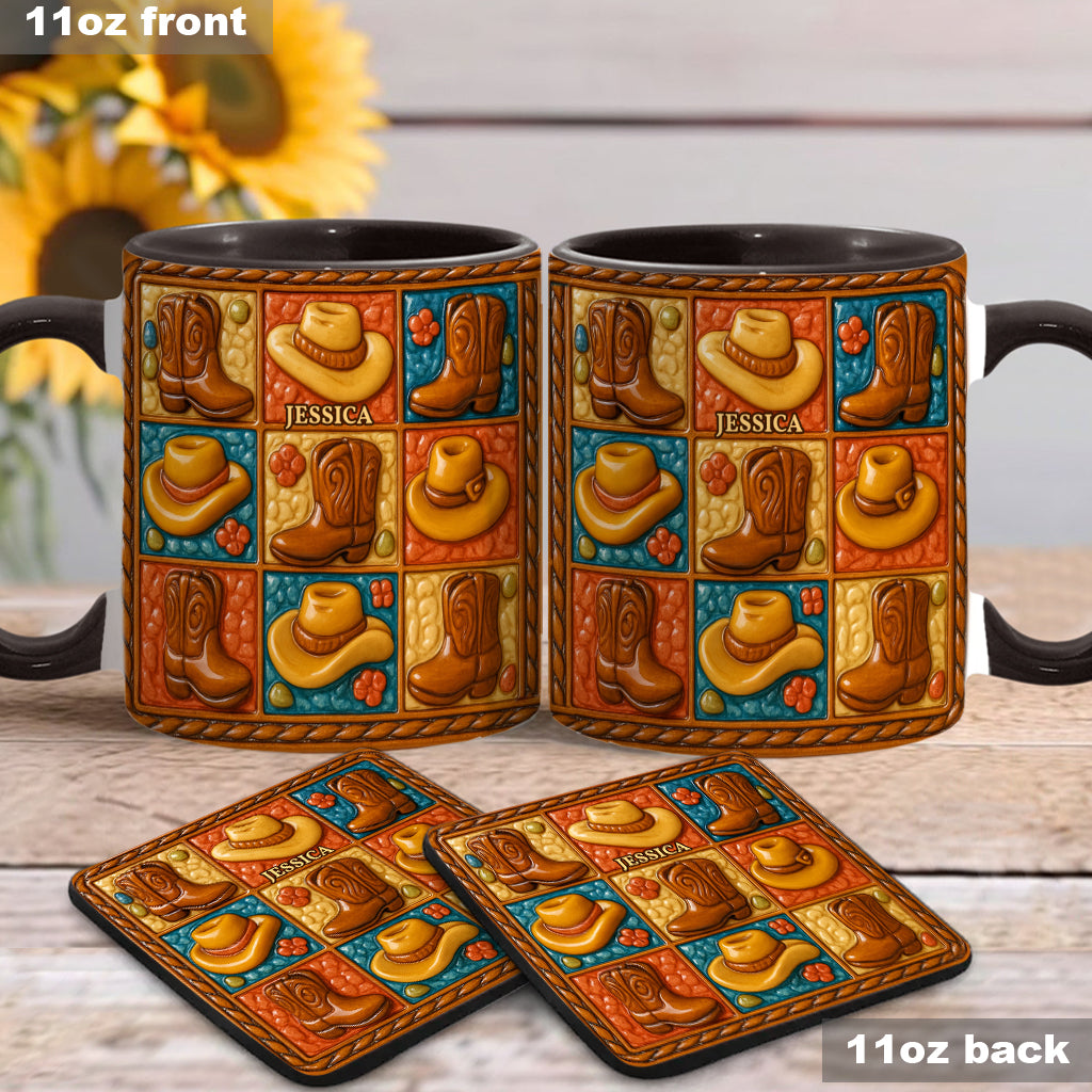 Mug et sous-verre personnalisés à motif bottes de cowgirl, style western