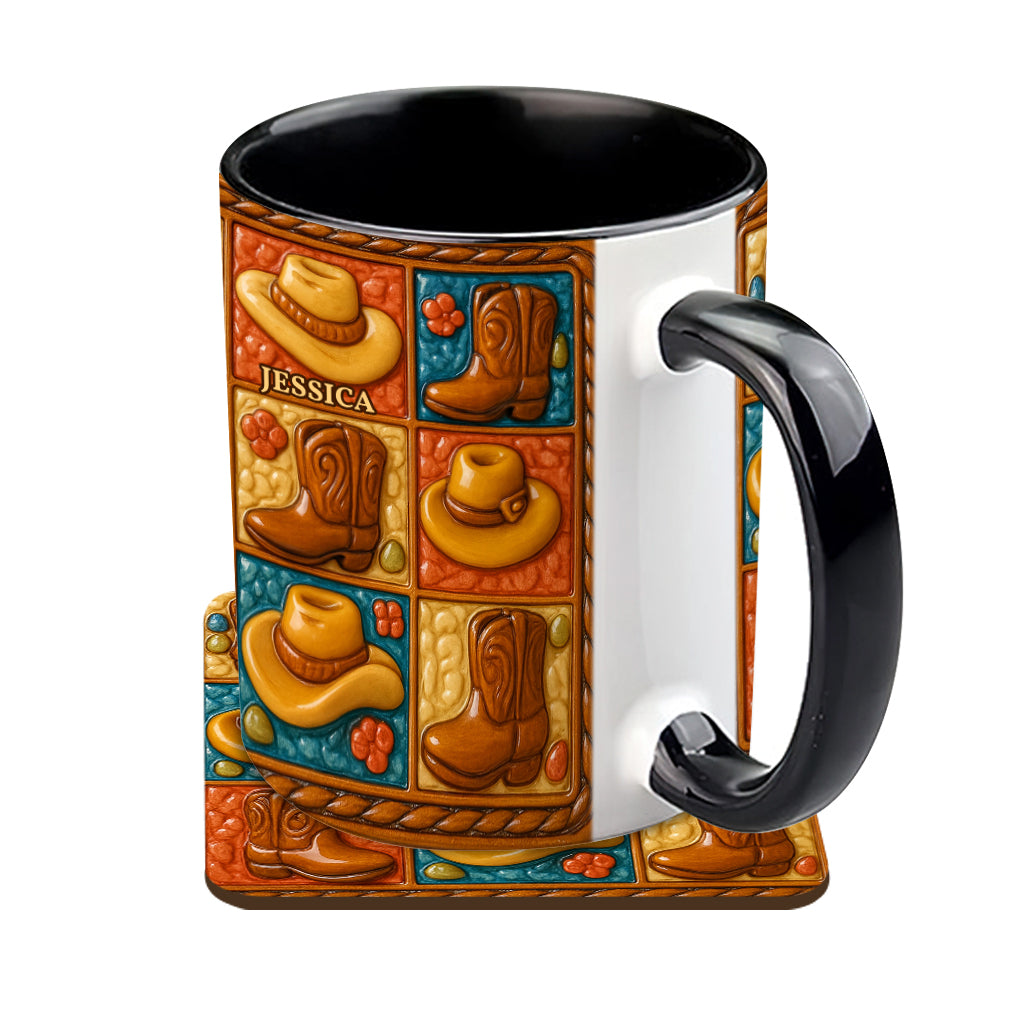 Mug et sous-verre personnalisés à motif bottes de cowgirl, style western