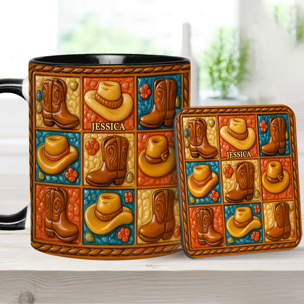 Mug et sous-verre personnalisés à motif bottes de cowgirl, style western