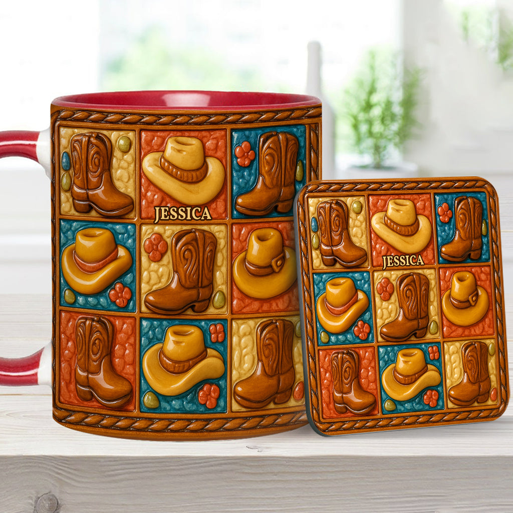 Mug et sous-verre personnalisés à motif bottes de cowgirl, style western