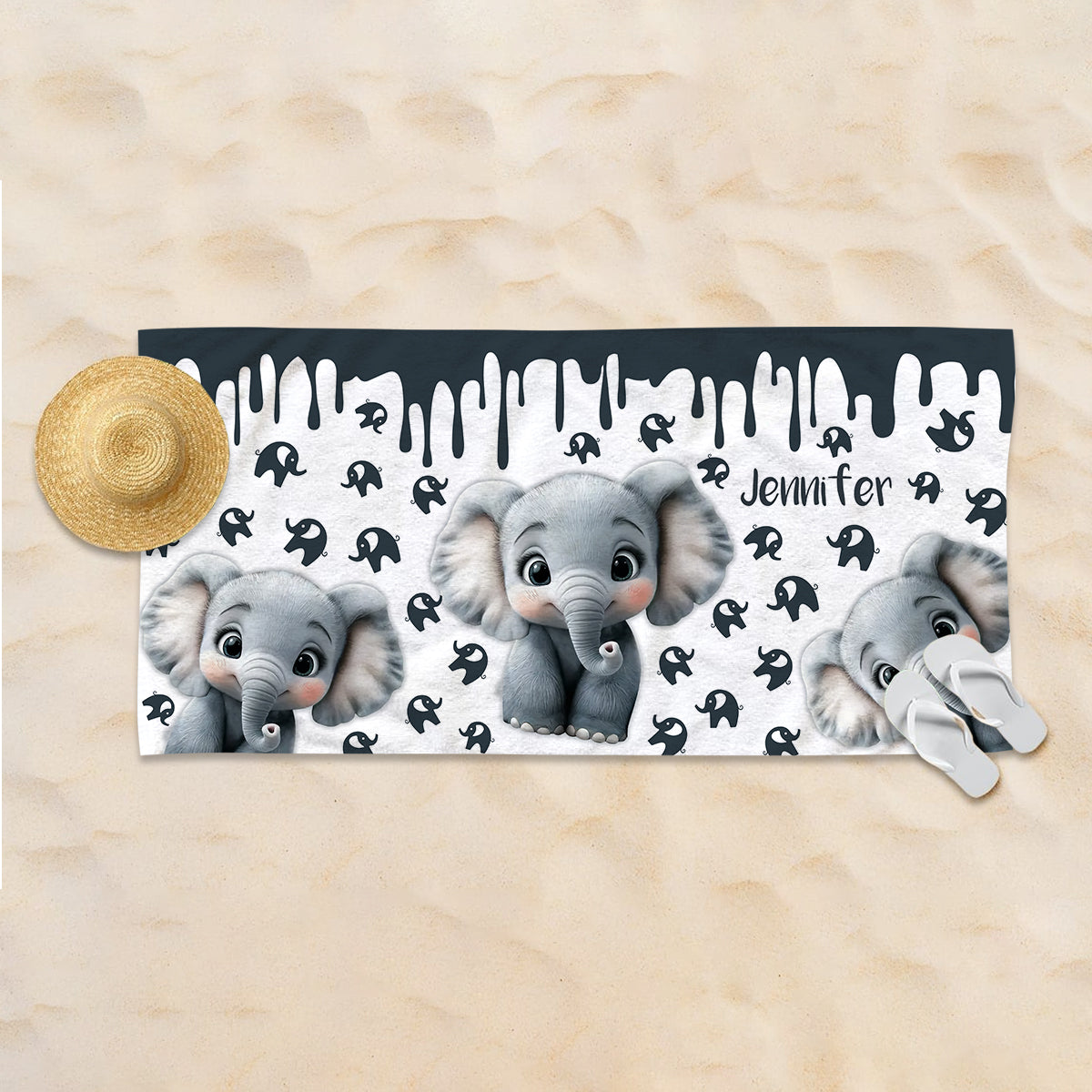 Éléphant mignon - Serviette de plage/de bain personnalisée à séchage rapide avec motif éléphant mignon
