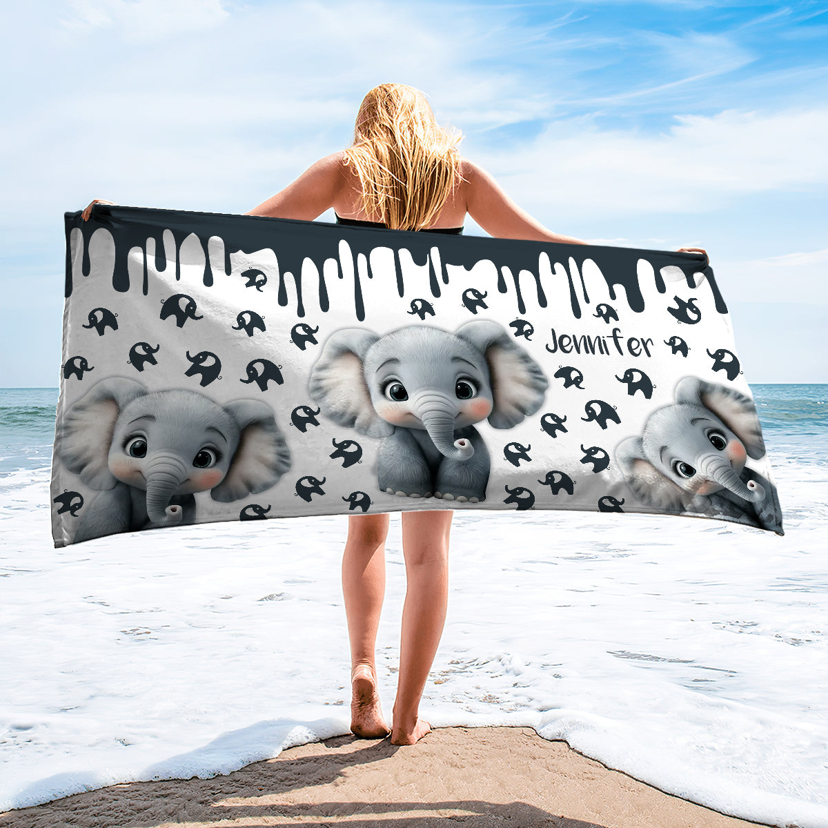 Éléphant mignon - Serviette de plage/de bain personnalisée à séchage rapide avec motif éléphant mignon