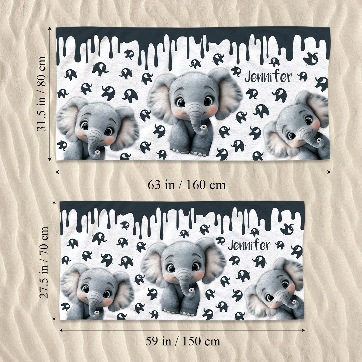 Éléphant mignon - Serviette de plage/de bain personnalisée à séchage rapide avec motif éléphant mignon