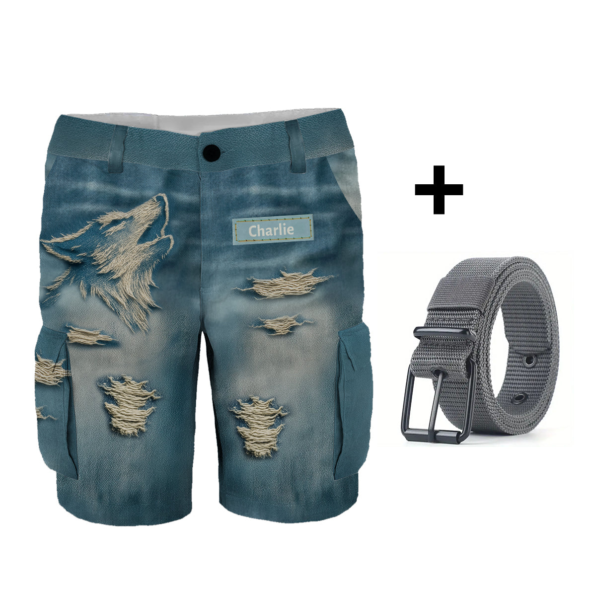 Short cargo personnalisé avec ceinture, motif loup hurlant effet vieilli.