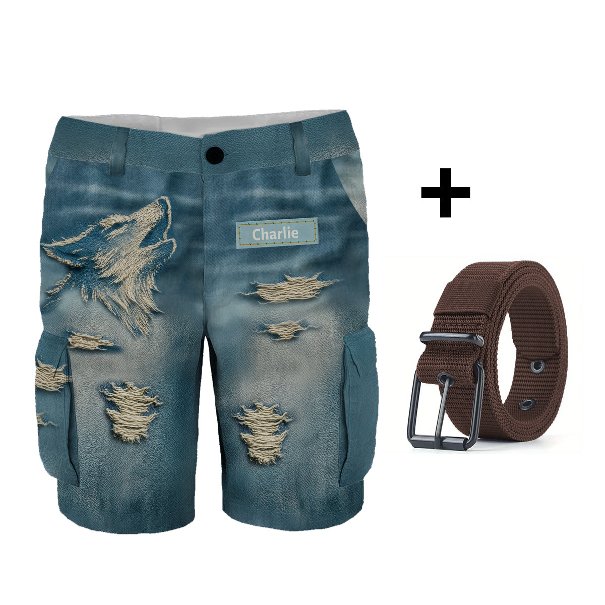 Short cargo personnalisé avec ceinture, motif loup hurlant effet vieilli.
