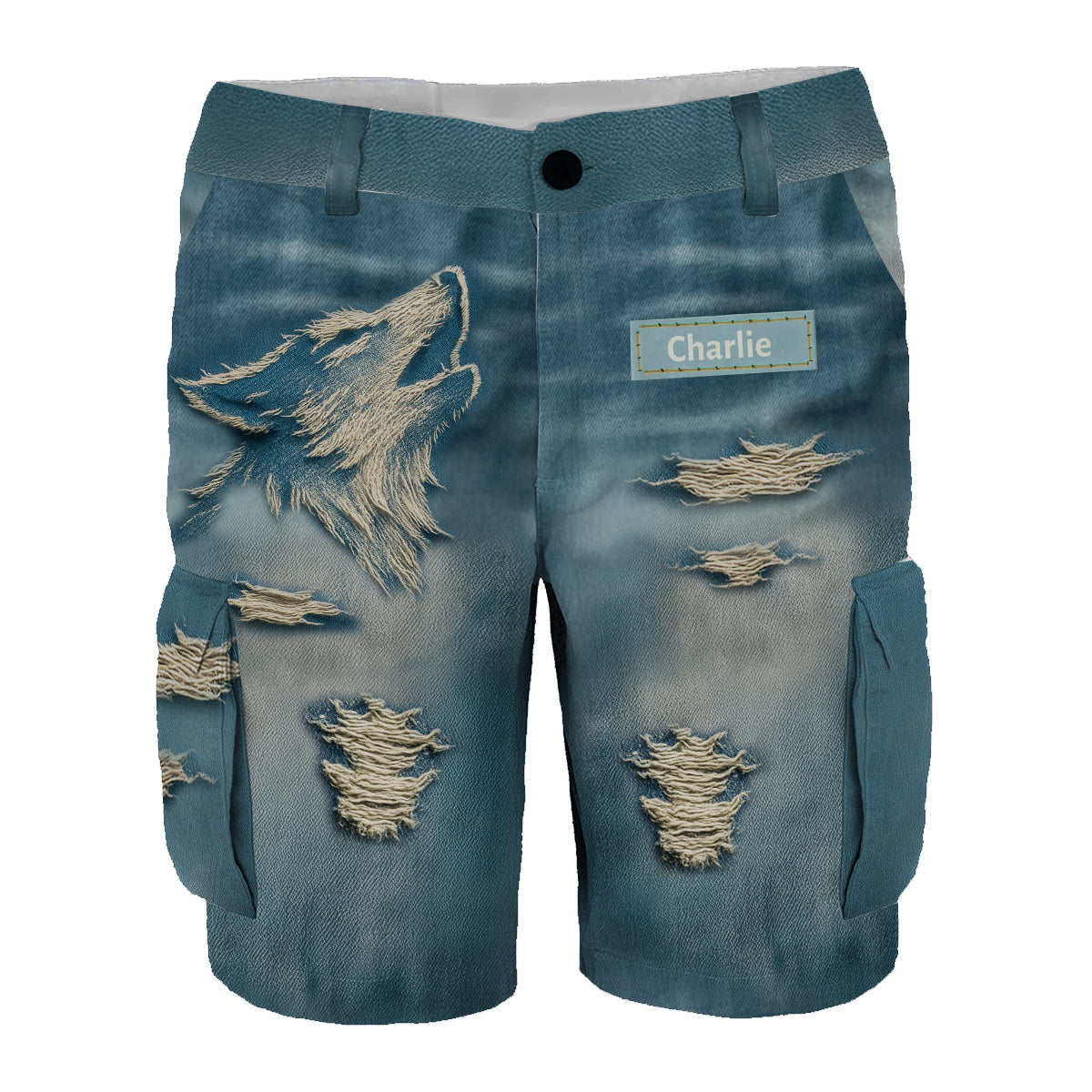 Short cargo personnalisé avec ceinture, motif loup hurlant effet vieilli.